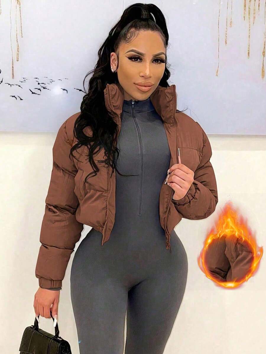 Allegra Cropped Puffer Jacket with Funnel Neck and Zip Front - Chocolate Brown