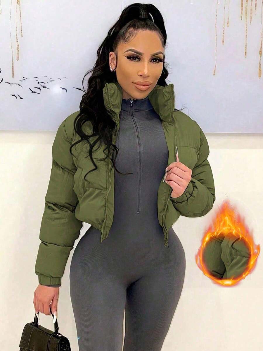 Allegra Cropped Puffer Jacket with Funnel Neck and Zip Front - Olive