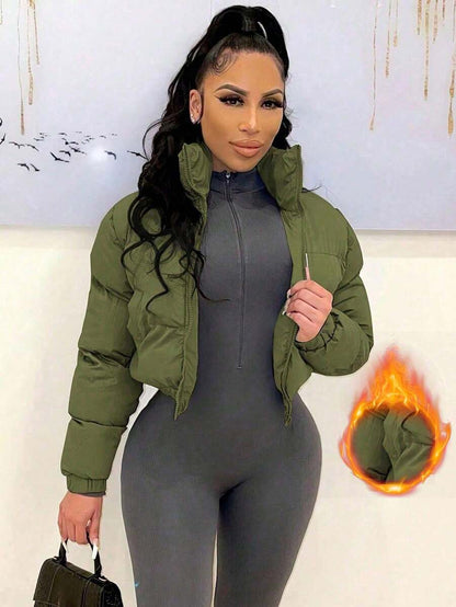 Allegra Cropped Puffer Jacket with Funnel Neck and Zip Front - Olive