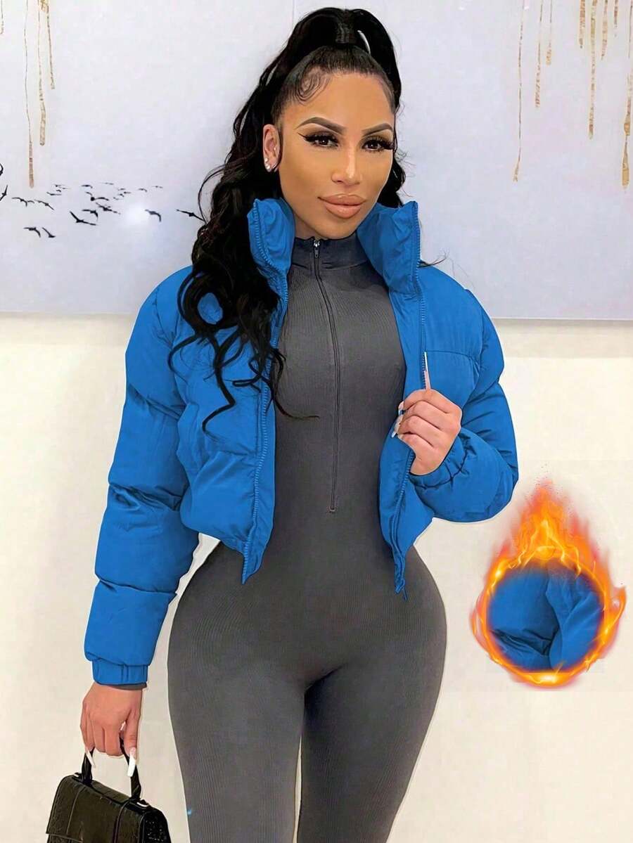 Allegra Cropped Puffer Jacket with Funnel Neck and Zip Front - Blue