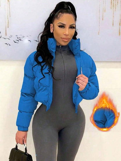 Allegra Cropped Puffer Jacket with Funnel Neck and Zip Front - Blue
