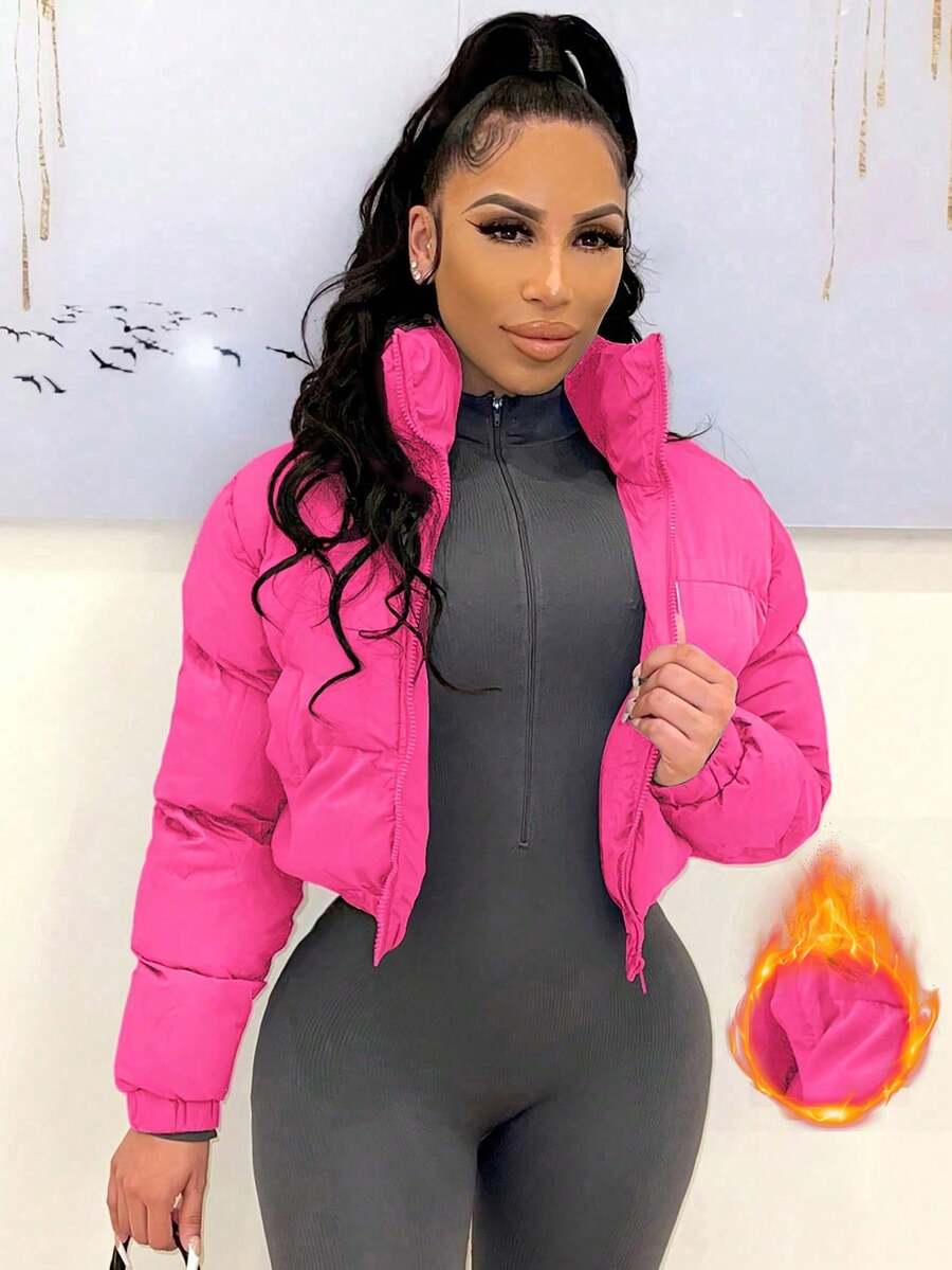 Allegra Cropped Puffer Jacket with Funnel Neck and Zip Front - Hot Pink
