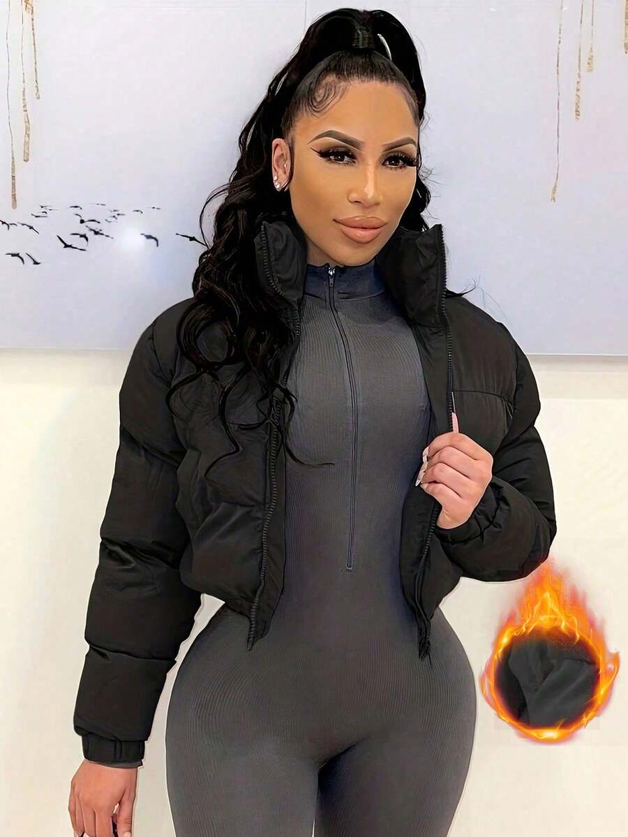 Allegra Cropped Puffer Jacket with Funnel Neck and Zip Front - Black