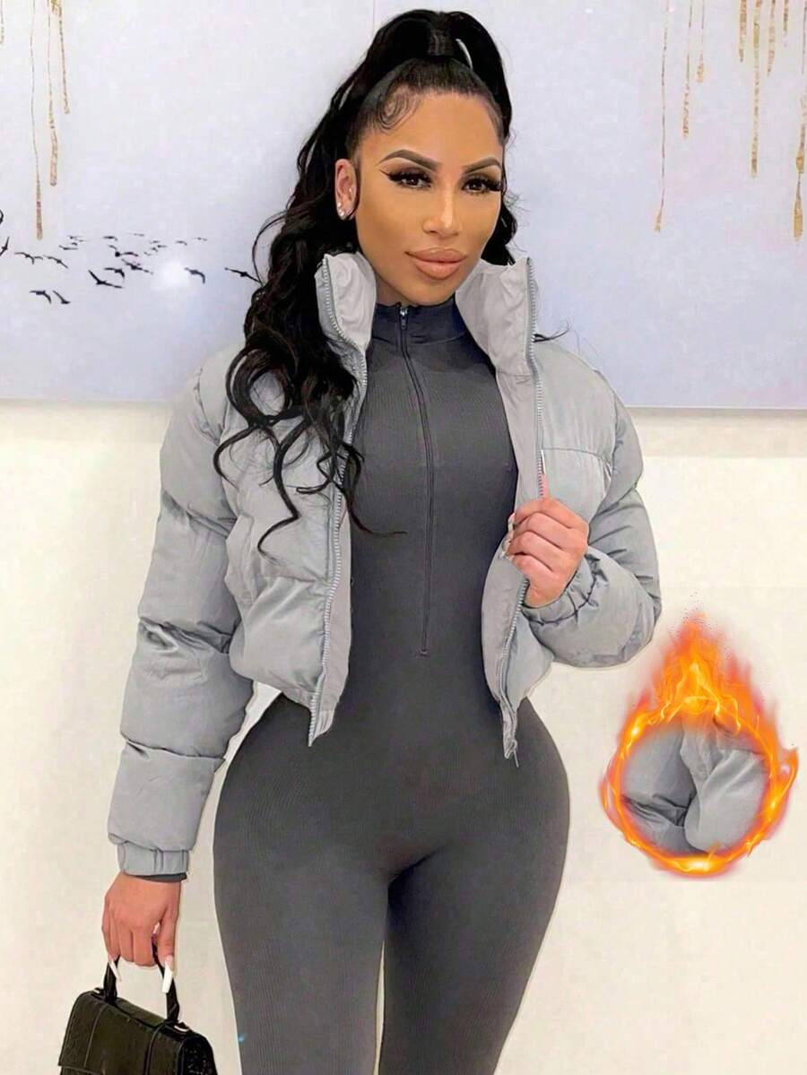 Allegra Cropped Puffer Jacket with Funnel Neck and Zip Front - Grey