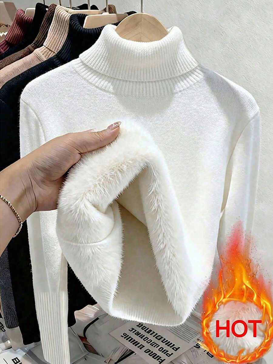 Penelope Thermal Lined Fitted High Neck Knit Sweater - Black