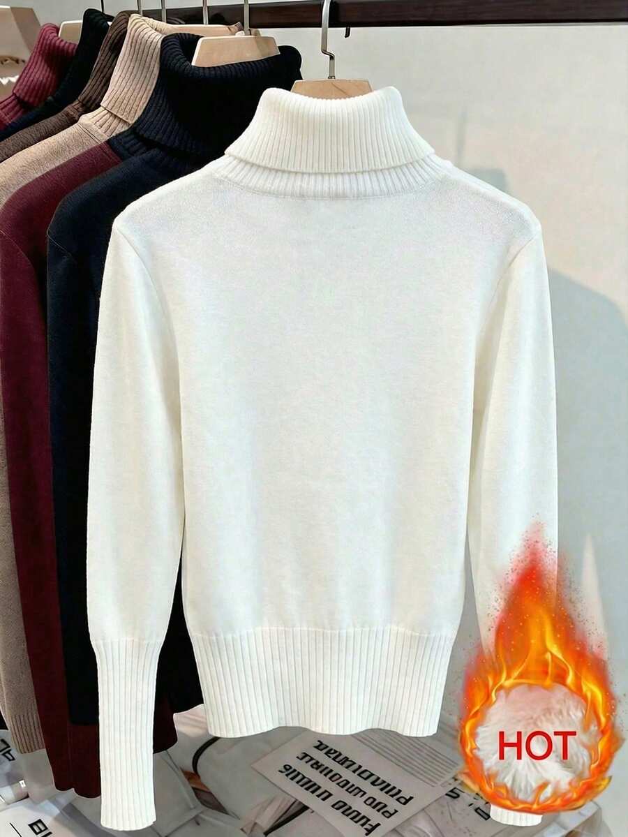 Penelope Thermal Lined Fitted High Neck Knit Sweater - White