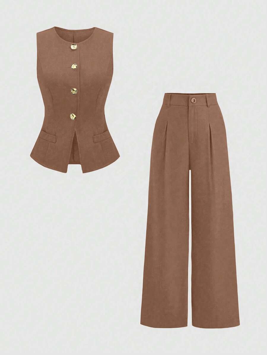 Rhea Two Piece Set Button Vest and Pleated Wide Leg Pants - Cinnamon