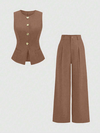 Rhea Two Piece Set Button Vest and Pleated Wide Leg Pants - Cinnamon