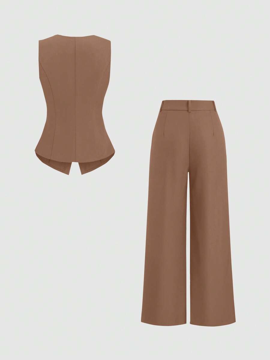 Rhea Two Piece Set Button Vest and Pleated Wide Leg Pants - Cinnamon