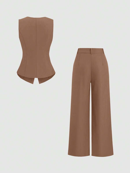 Rhea Two Piece Set Button Vest and Pleated Wide Leg Pants - Cinnamon