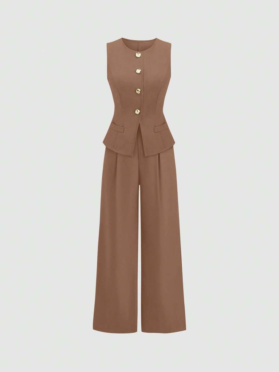 Rhea Two Piece Set Button Vest and Pleated Wide Leg Pants - Cinnamon