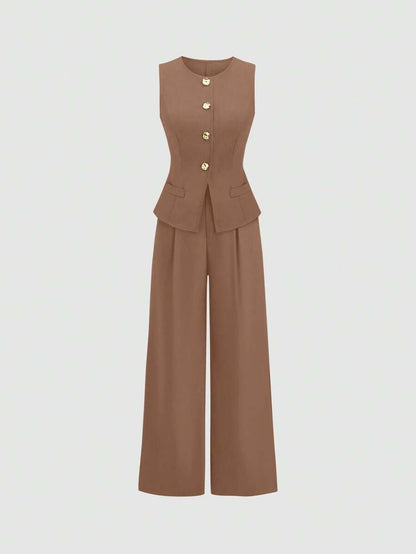 Rhea Two Piece Set Button Vest and Pleated Wide Leg Pants - Cinnamon