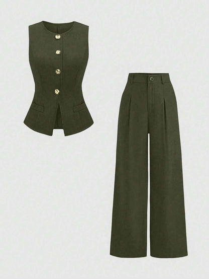 Rhea Two Piece Set Button Vest and Pleated Wide Leg Pants - Olive