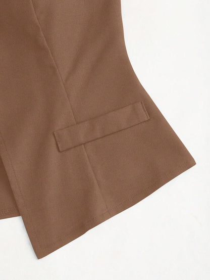 Rhea Two Piece Set Button Vest and Pleated Wide Leg Pants - Cinnamon