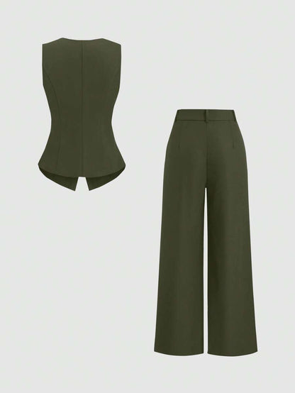 Rhea Two Piece Set Button Vest and Pleated Wide Leg Pants - Olive