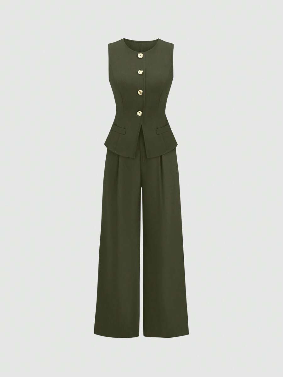 Rhea Two Piece Set Button Vest and Pleated Wide Leg Pants - Olive