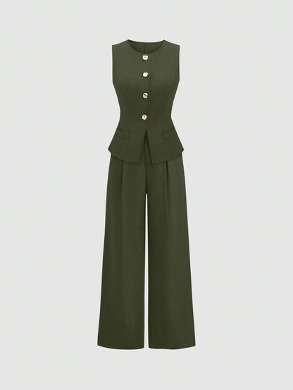 Rhea Two Piece Set Button Vest and Pleated Wide Leg Pants - Olive