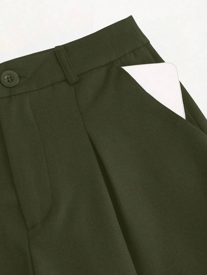 Rhea Two Piece Set Button Vest and Pleated Wide Leg Pants - Olive