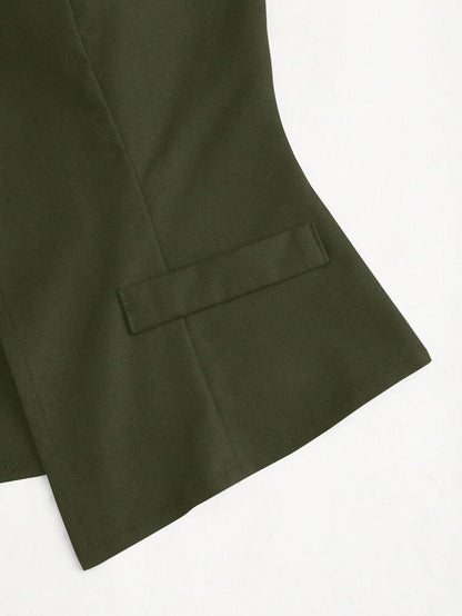 Rhea Two Piece Set Button Vest and Pleated Wide Leg Pants - Olive