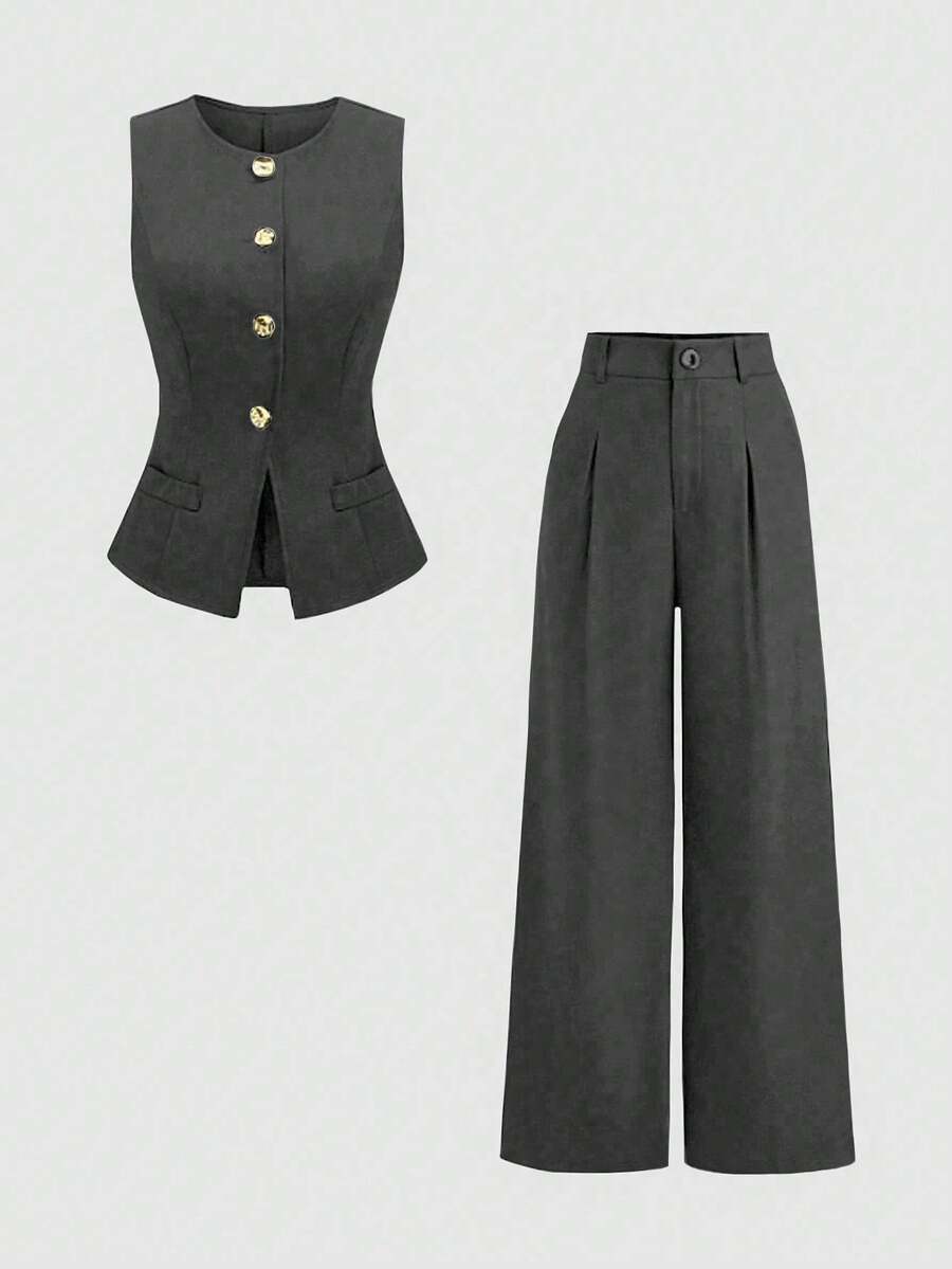 Rhea Two Piece Set Button Vest and Pleated Wide Leg Pants - Charcoal Grey