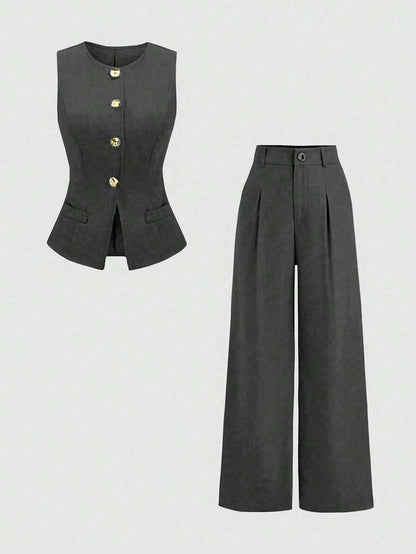 Rhea Two Piece Set Button Vest and Pleated Wide Leg Pants - Charcoal Grey