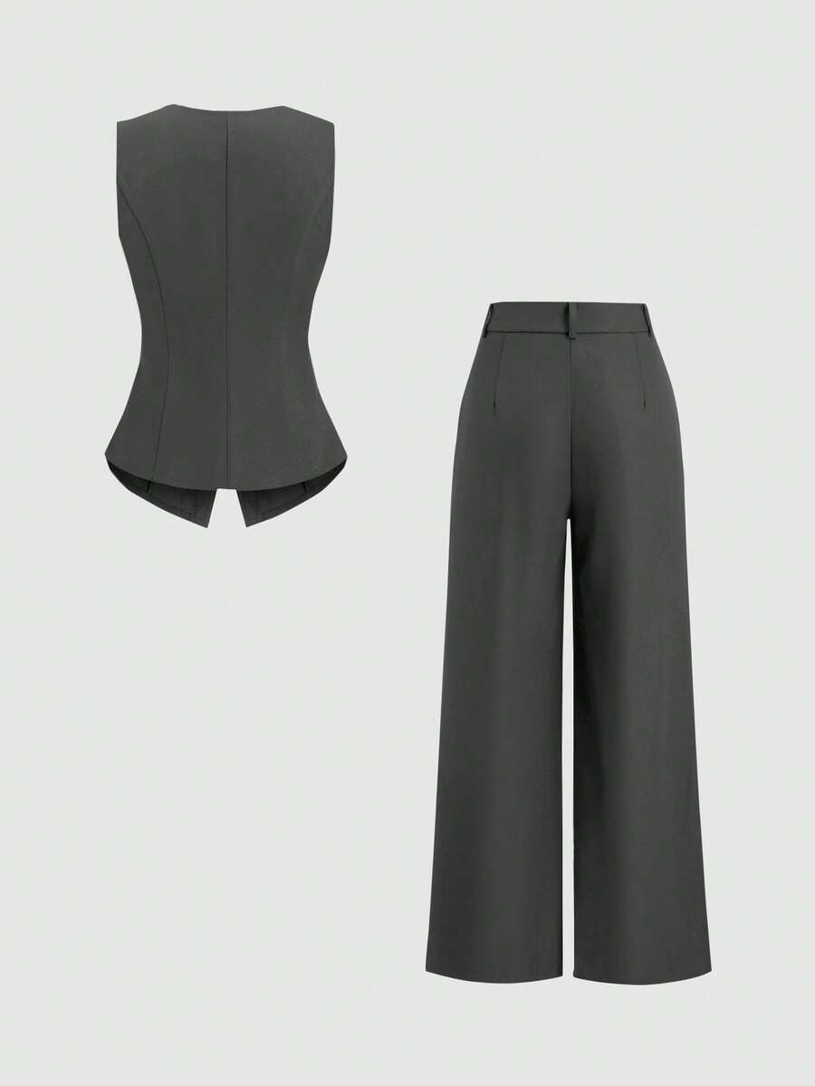 Rhea Two Piece Set Button Vest and Pleated Wide Leg Pants - Charcoal Grey