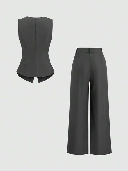 Rhea Two Piece Set Button Vest and Pleated Wide Leg Pants - Charcoal Grey