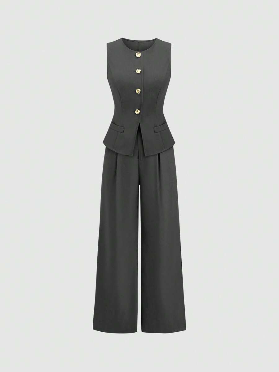Rhea Two Piece Set Button Vest and Pleated Wide Leg Pants - Charcoal Grey