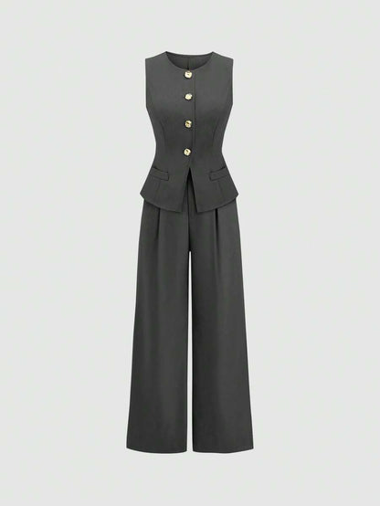 Rhea Two Piece Set Button Vest and Pleated Wide Leg Pants - Charcoal Grey