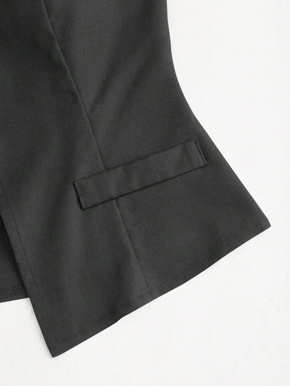 Rhea Two Piece Set Button Vest and Pleated Wide Leg Pants - Charcoal Grey