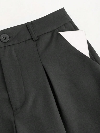 Rhea Two Piece Set Button Vest and Pleated Wide Leg Pants - Charcoal Grey