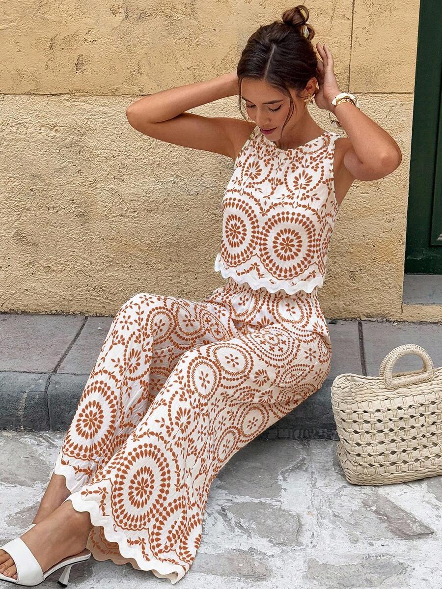 Serisse 2pcs/Set Women Contrast Color Allover Print Casual Sleeveless Top And Loose Fit Wide Leg Pants Summer Blue Vacation Holiday Resort Mensa