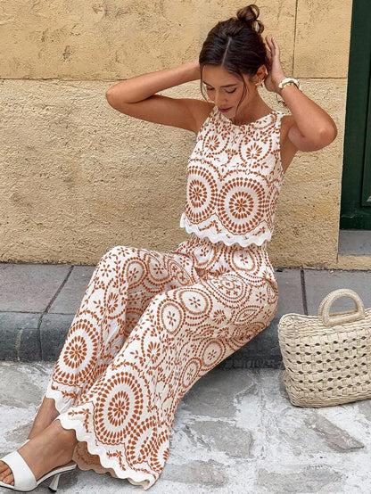Serisse 2pcs/Set Women Contrast Color Allover Print Casual Sleeveless Top And Loose Fit Wide Leg Pants Summer Blue Vacation Holiday Resort Mensa