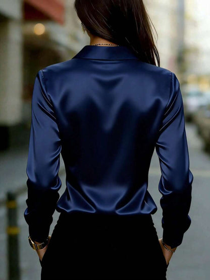 Women's Satin Button Up Collared Blouse, Long Sleeve Silky Shirt for Work and Evening - Purple