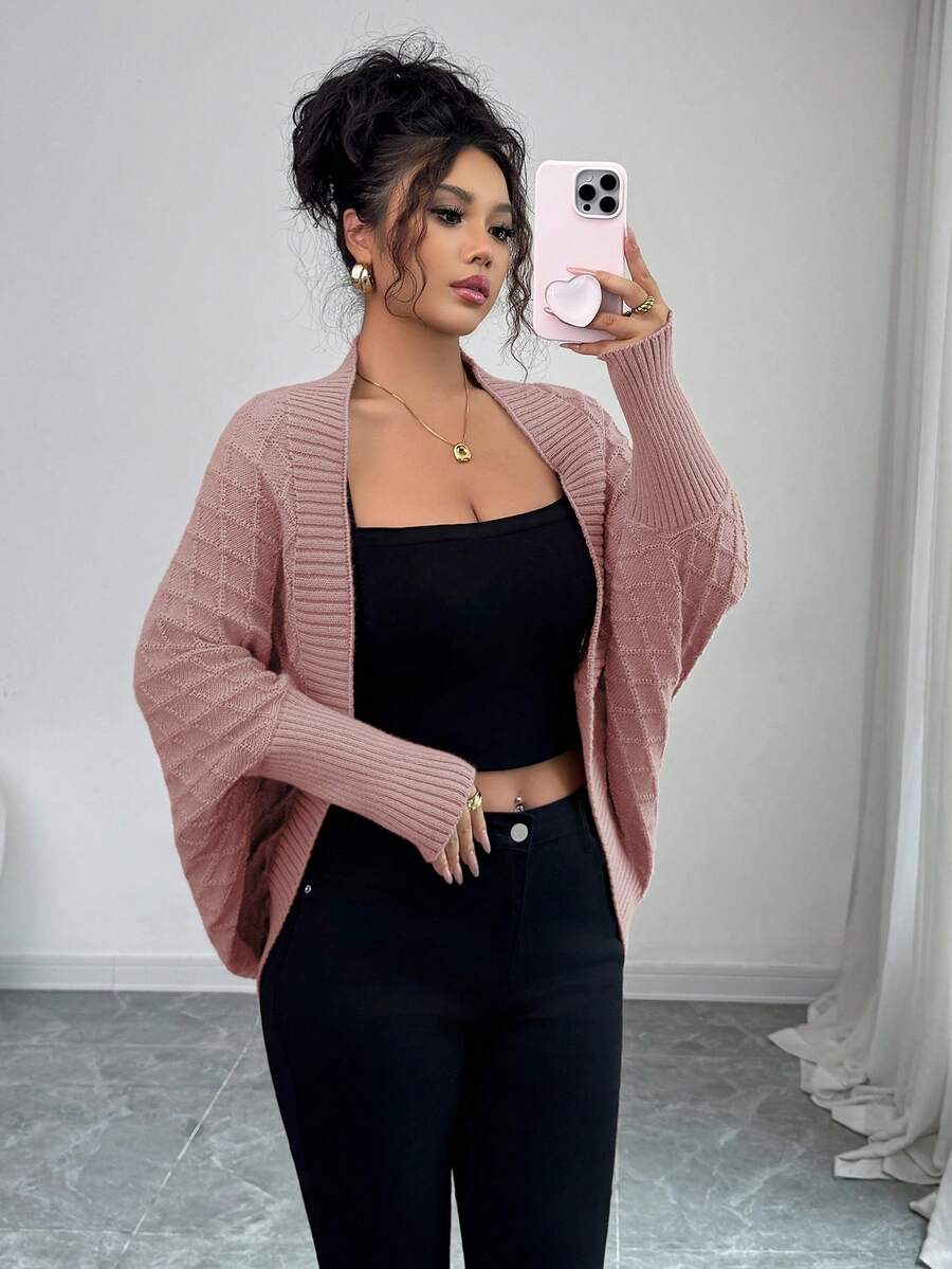 Margaux Diamond Knit Open Front Batwing Sleeve Shrug Cardigan - Mauve