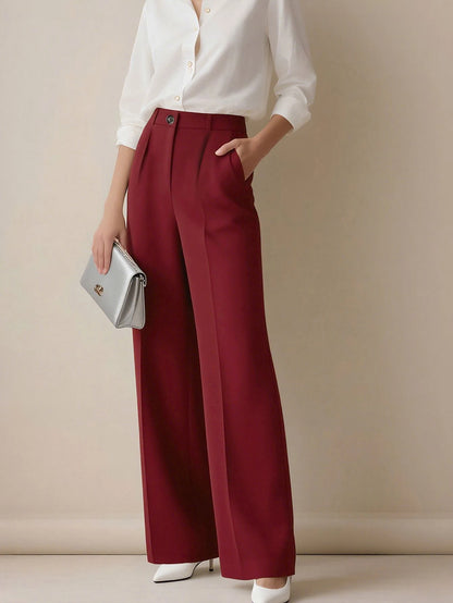 Simone High-Waist Pleated Wide-Leg Trousers with Pockets - Wine Red