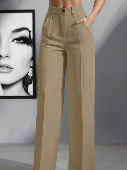 Simone High-Waist Pleated Wide-Leg Trousers with Pockets - Khaki