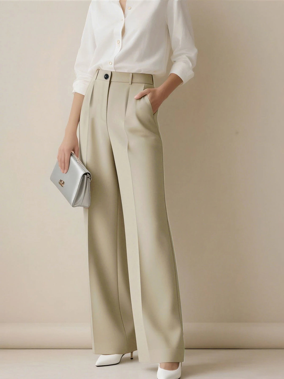 Simone High-Waist Pleated Wide-Leg Trousers with Pockets - Beige