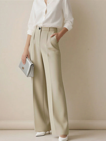 Simone High-Waist Pleated Wide-Leg Trousers with Pockets - Beige