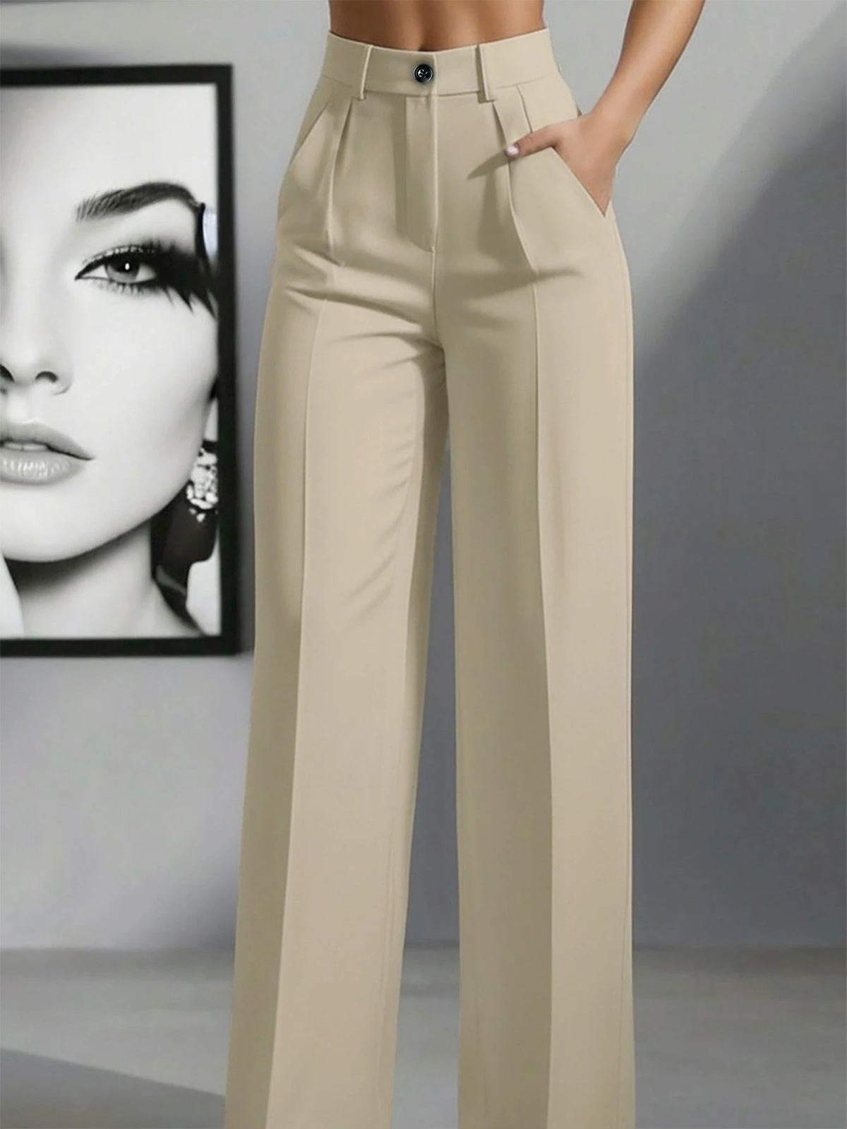 Simone High-Waist Pleated Wide-Leg Trousers with Pockets - Beige