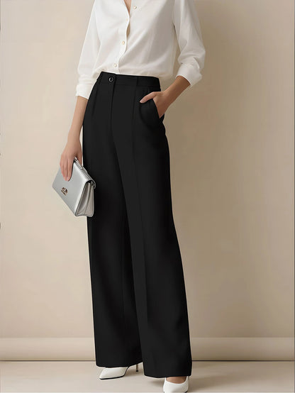 Simone High-Waist Pleated Wide-Leg Trousers with Pockets - Black