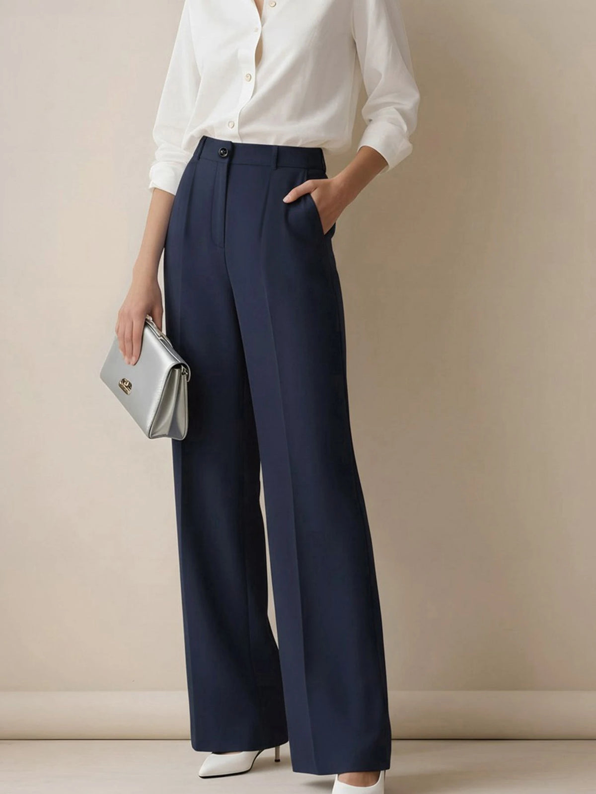 Simone High-Waist Pleated Wide-Leg Trousers with Pockets - Navy Blue