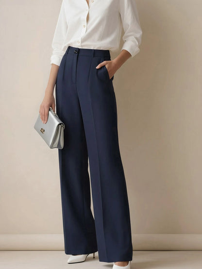 Simone High-Waist Pleated Wide-Leg Trousers with Pockets - Navy Blue