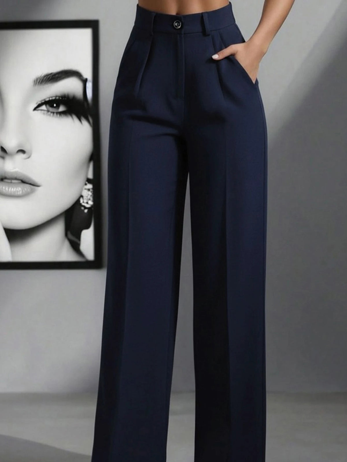 Simone High-Waist Pleated Wide-Leg Trousers with Pockets - Navy Blue