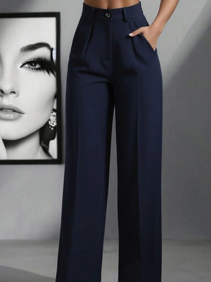 Simone High-Waist Pleated Wide-Leg Trousers with Pockets - Navy Blue