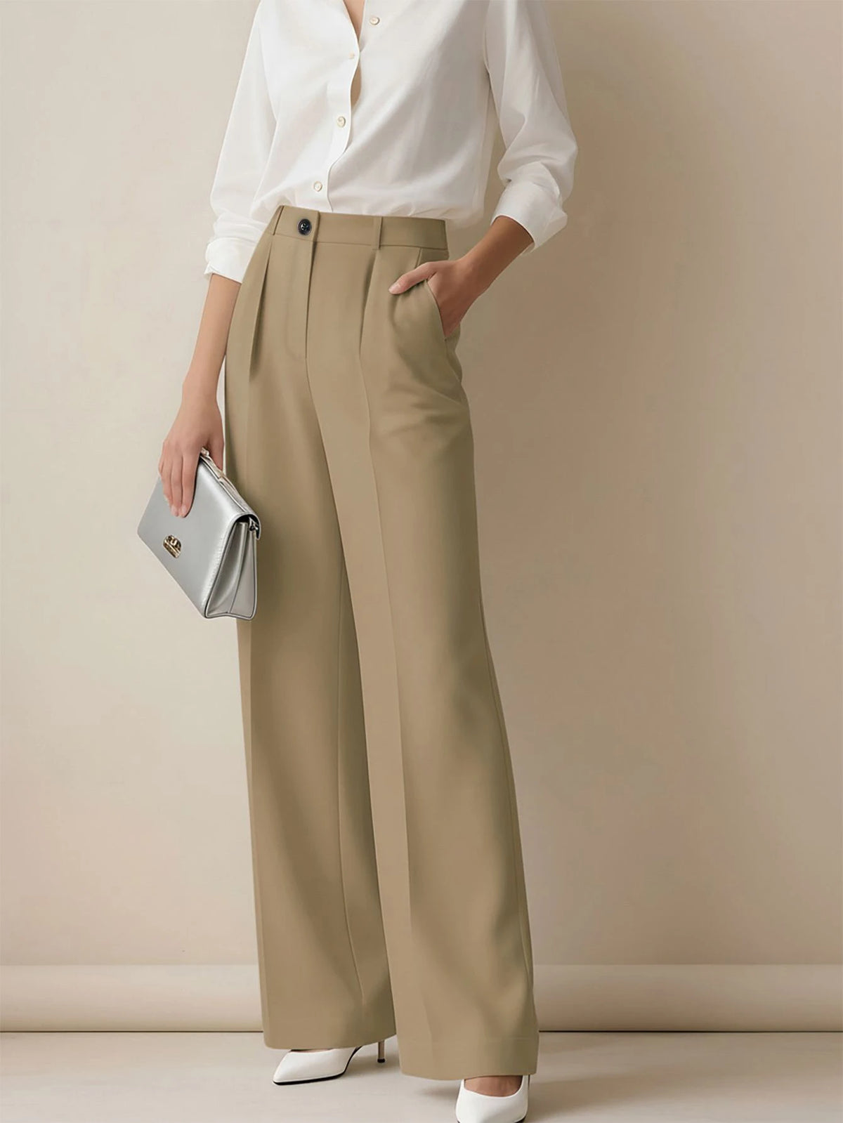 Simone High-Waist Pleated Wide-Leg Trousers with Pockets - Khaki