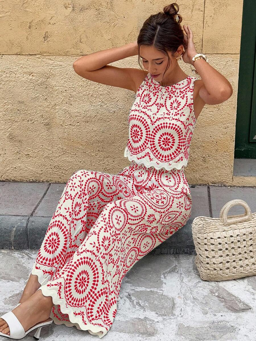 Serisse 2pcs/Set Women Contrast Color Allover Print Casual Sleeveless Top And Loose Fit Wide Leg Pants Summer Blue Vacation Holiday Resort Mensa