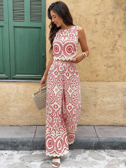 Serisse 2pcs/Set Women Contrast Color Allover Print Casual Sleeveless Top And Loose Fit Wide Leg Pants Summer Blue Vacation Holiday Resort Mensa