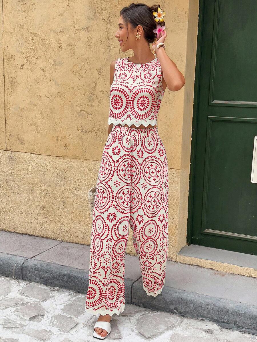Serisse 2pcs/Set Women Contrast Color Allover Print Casual Sleeveless Top And Loose Fit Wide Leg Pants Summer Blue Vacation Holiday Resort Mensa