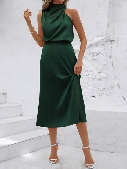Women's Satin Cowl Neck Halter Midi Dress, Lined Silky Dress for Wedding Guest and Evening - Black